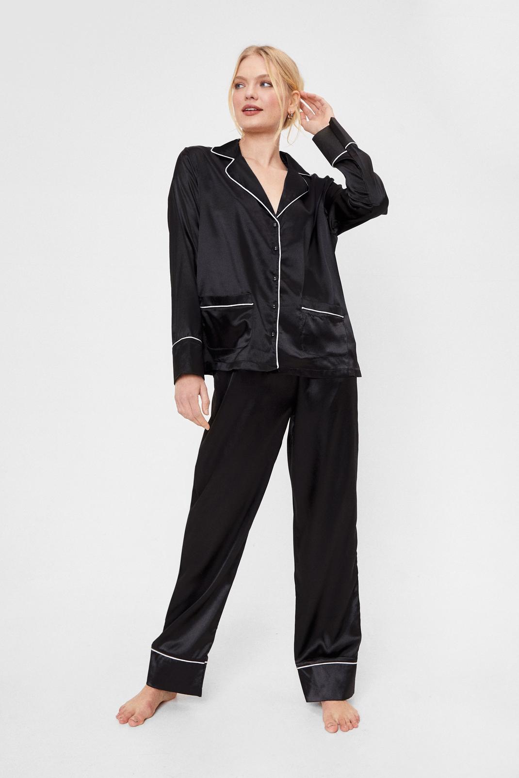 Black Contrasting Satin Pajama Shirt and Pants Set image number 1