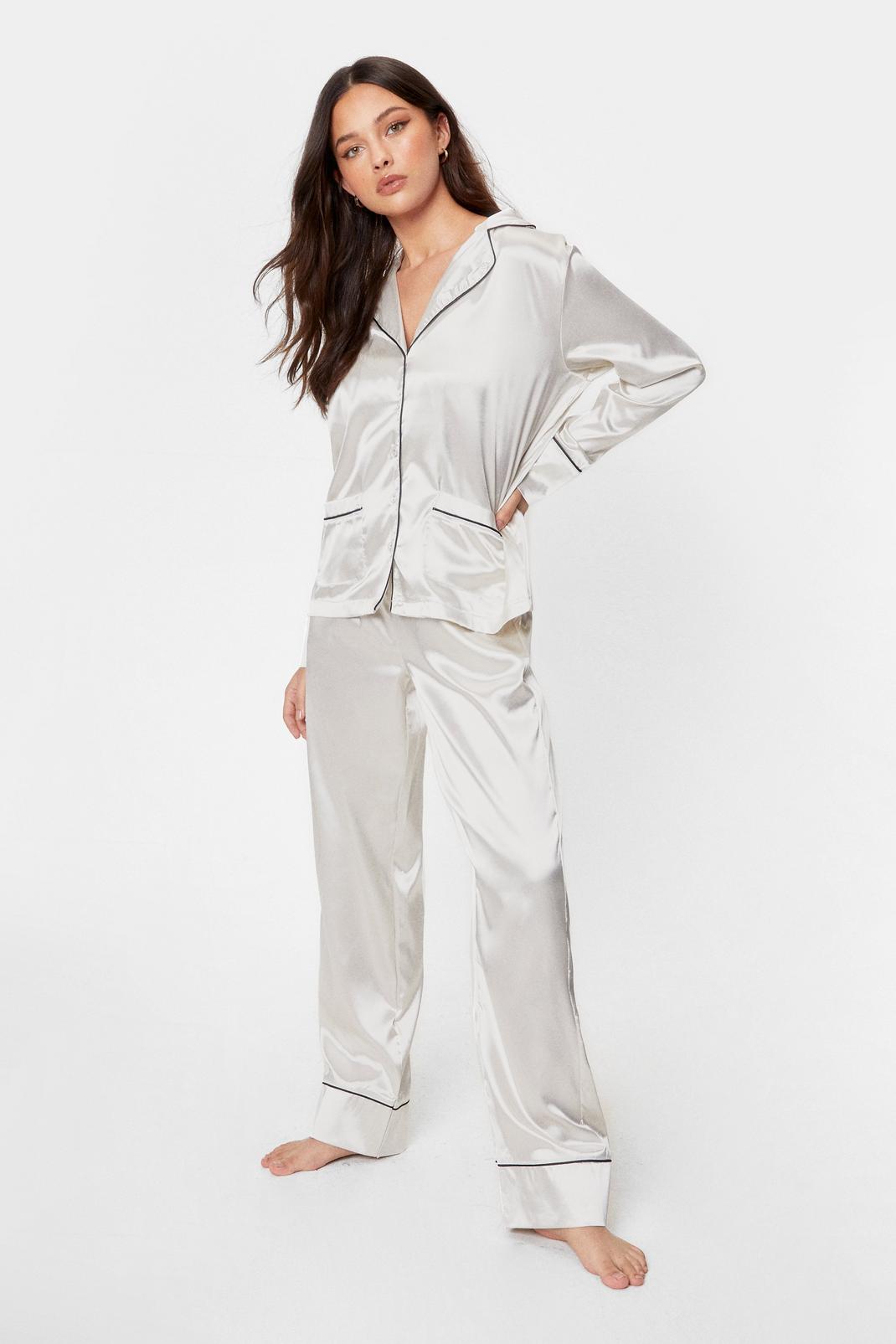 Cream Contrasting Satin Pajama Shirt and Pants Set image number 1