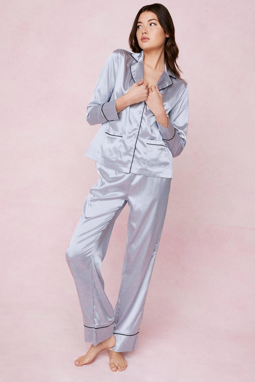 Dusty blue Contrasting Satin Pajama Shirt and Pants Set image number 1