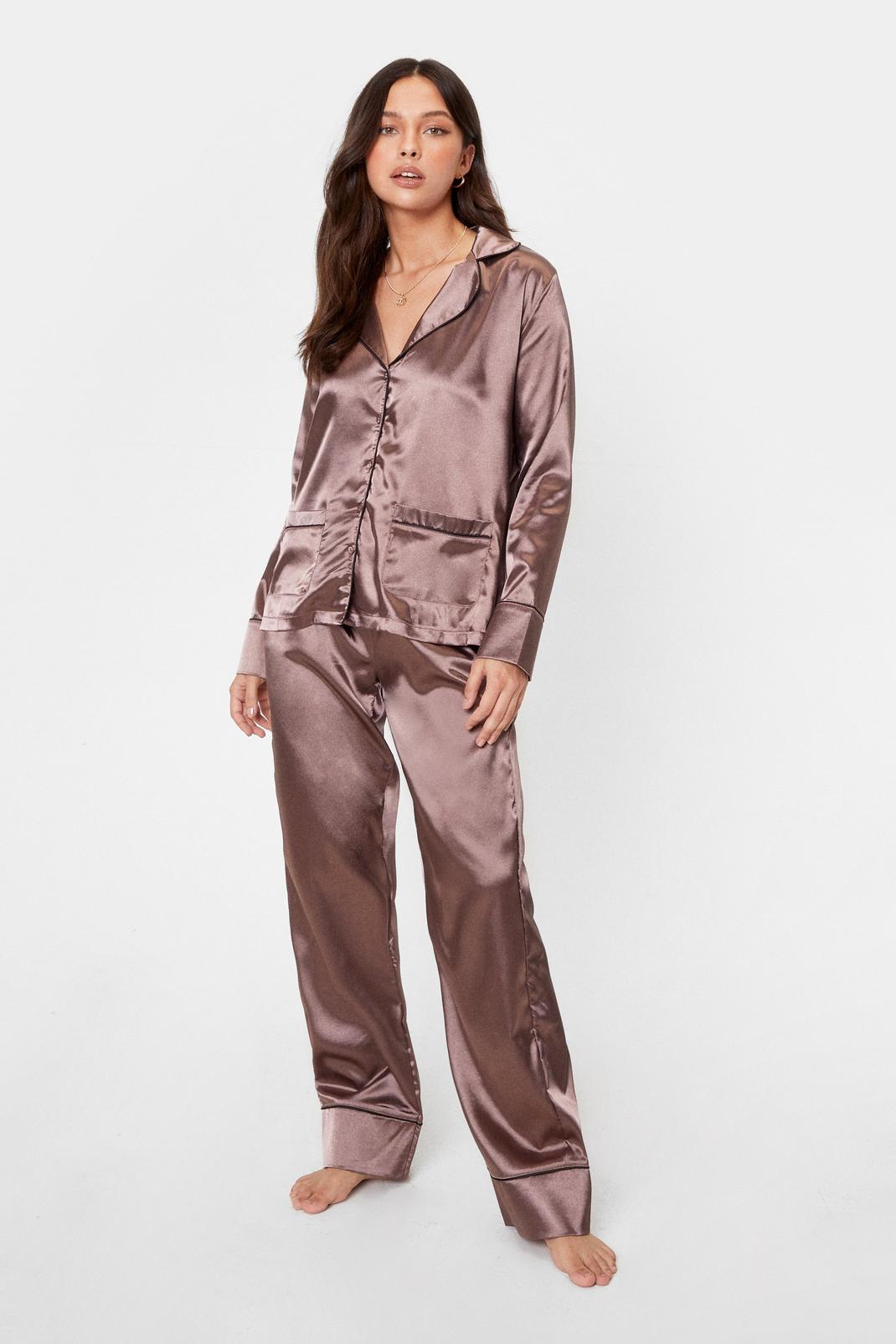 Taupe Contrasting Satin Pajama Shirt and Pants Set image number 1