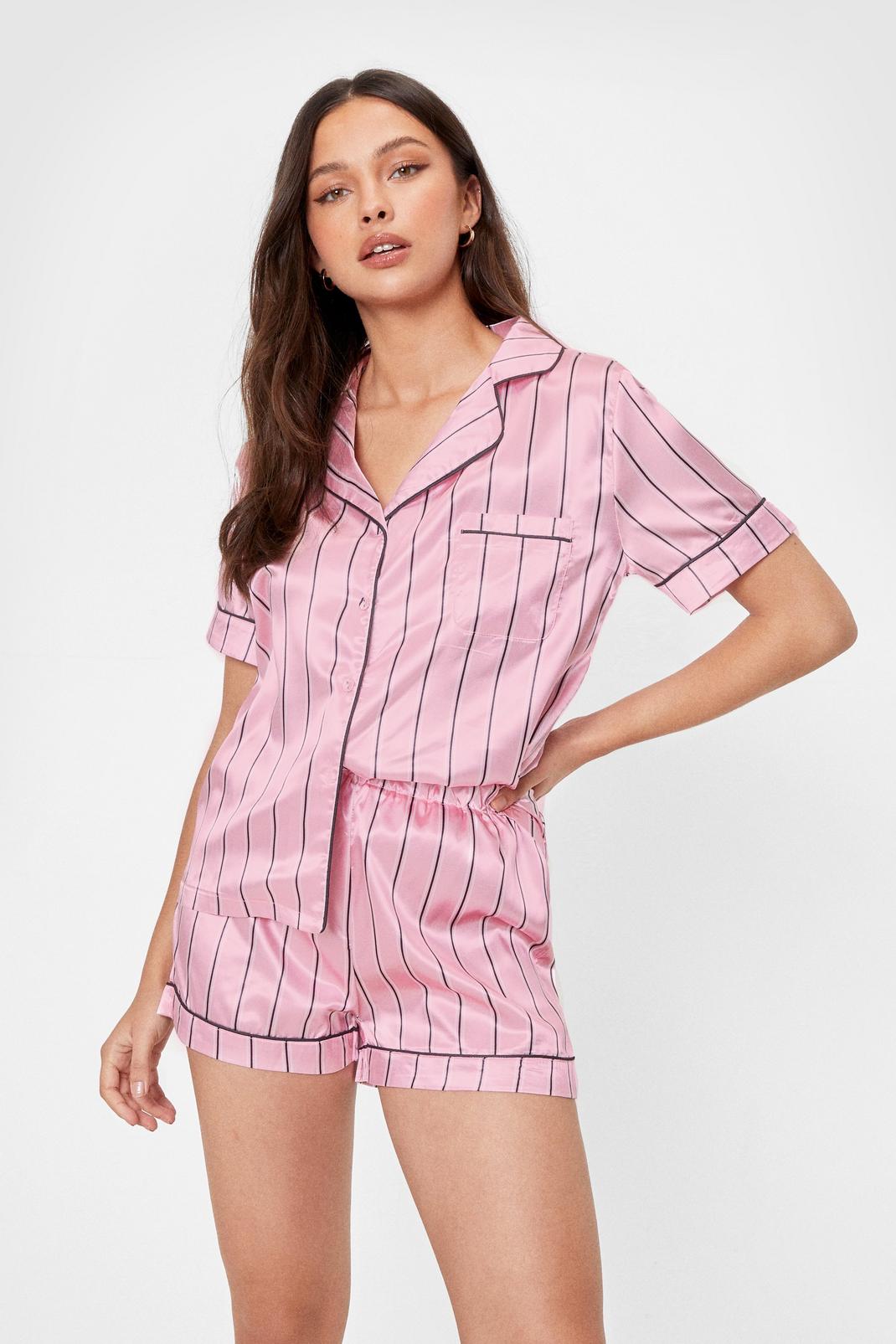 Pink Striped Satin Pajama Shorts Set image number 1