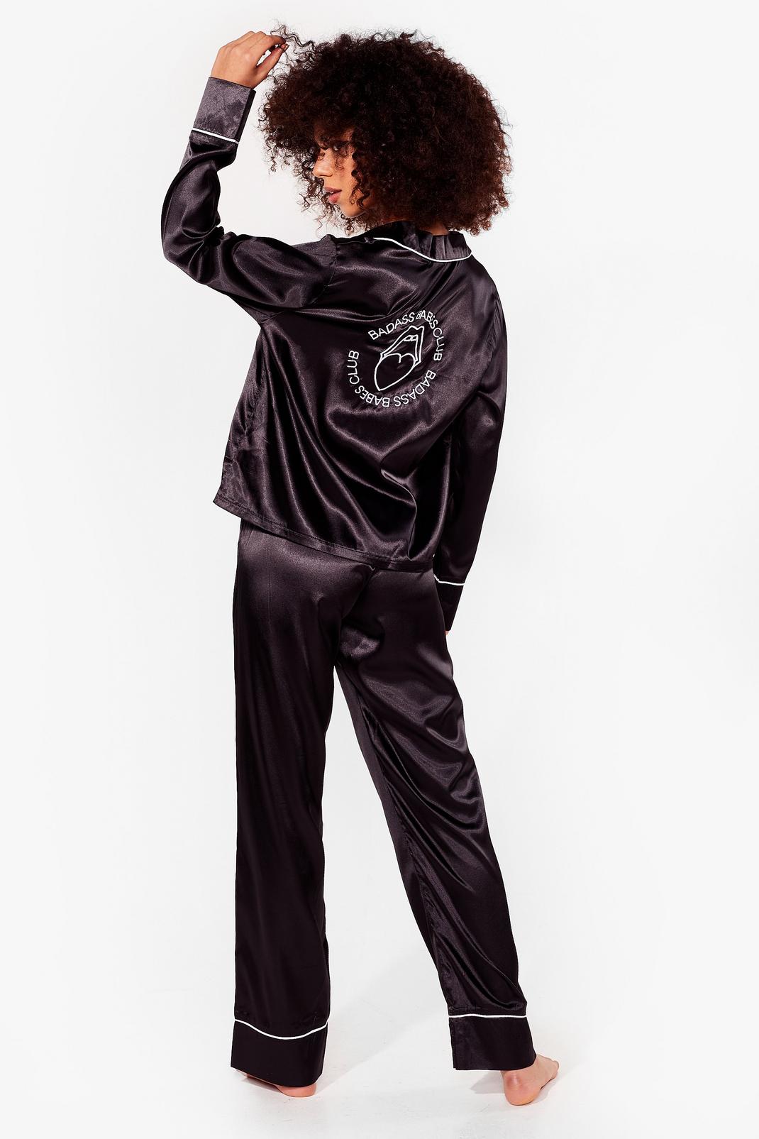 Black Badass Babes Club Satin Pyjama Trousers Set image number 1