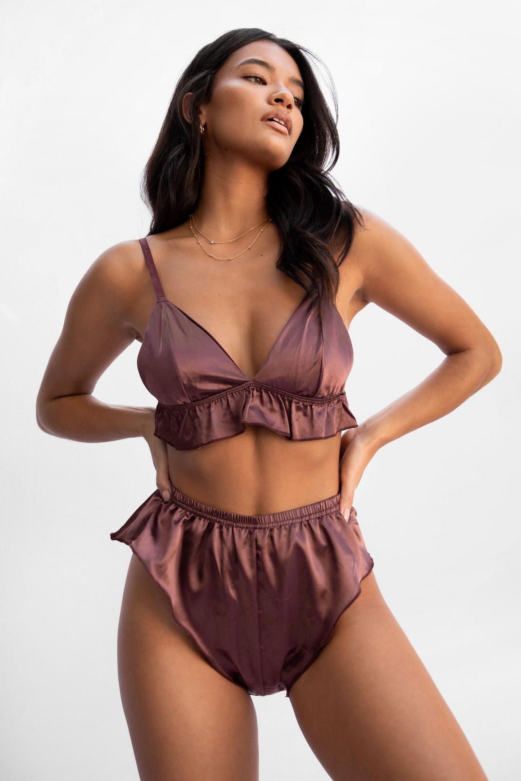 Chocolate Love Affair Satin Ruffle Bralette and Knickers Set image number 1