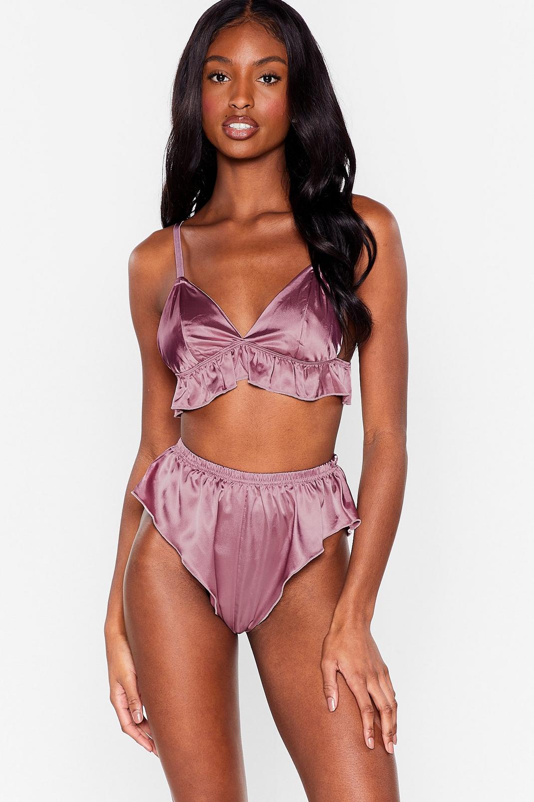 Plum Love Affair Satin Ruffle Bralette and Knickers Set image number 1