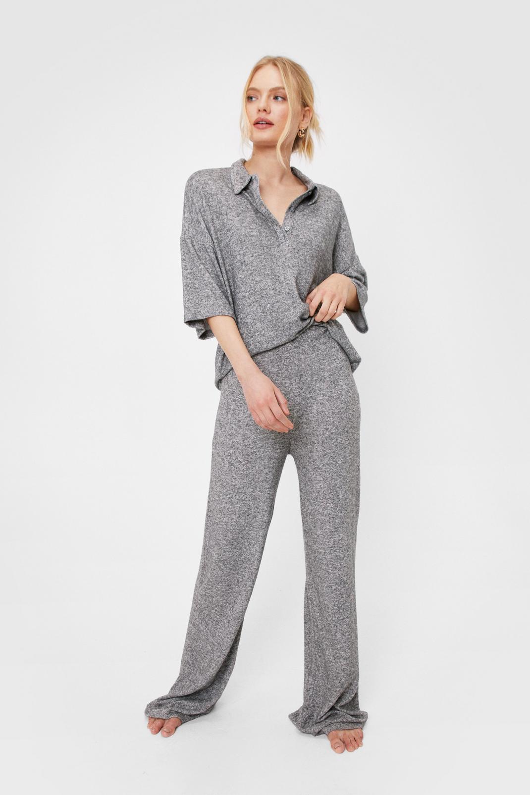 Grey Brushed Knit Top and Pants Loungewear Set image number 1
