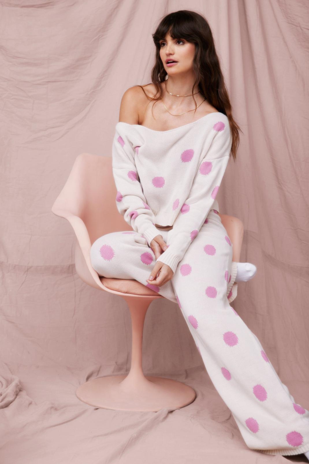 Pink Polka Dot Wide Leg Loungewear Set image number 1