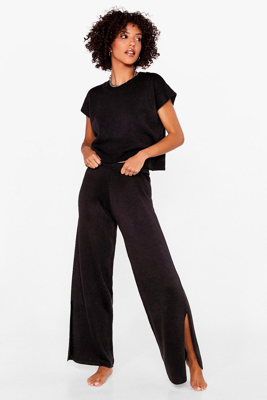 Black Knitted Top and Split Trousers Set image number 1