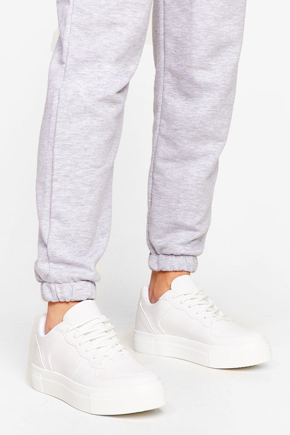 white faux leather flatform trainers