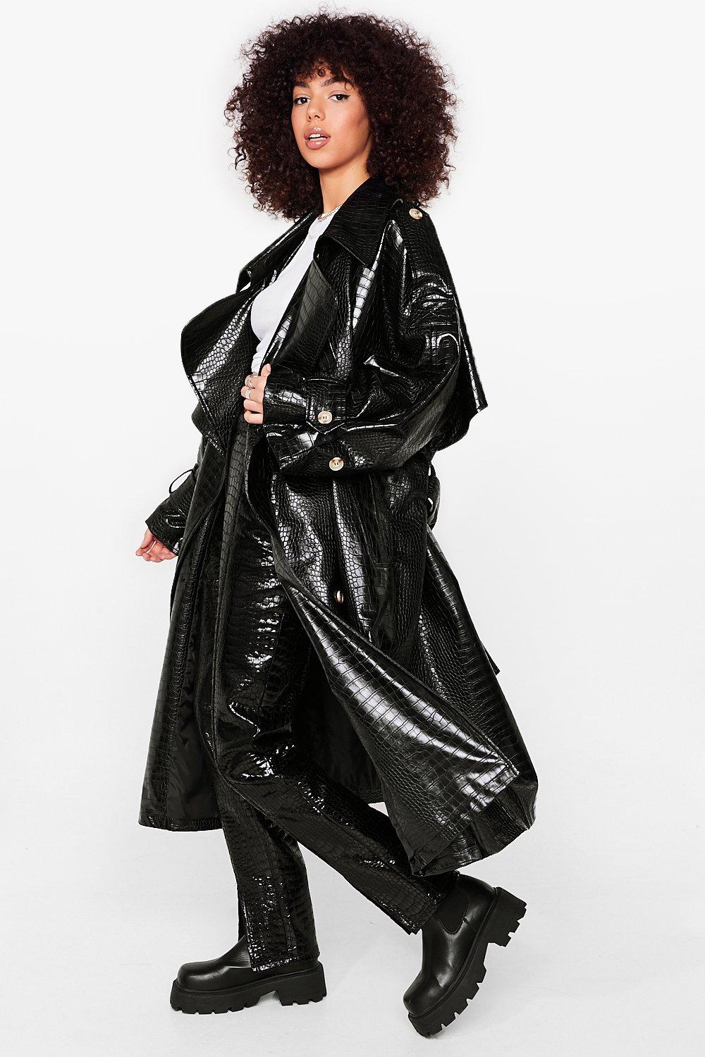 Faux-Leather Crocodile Trench Coat