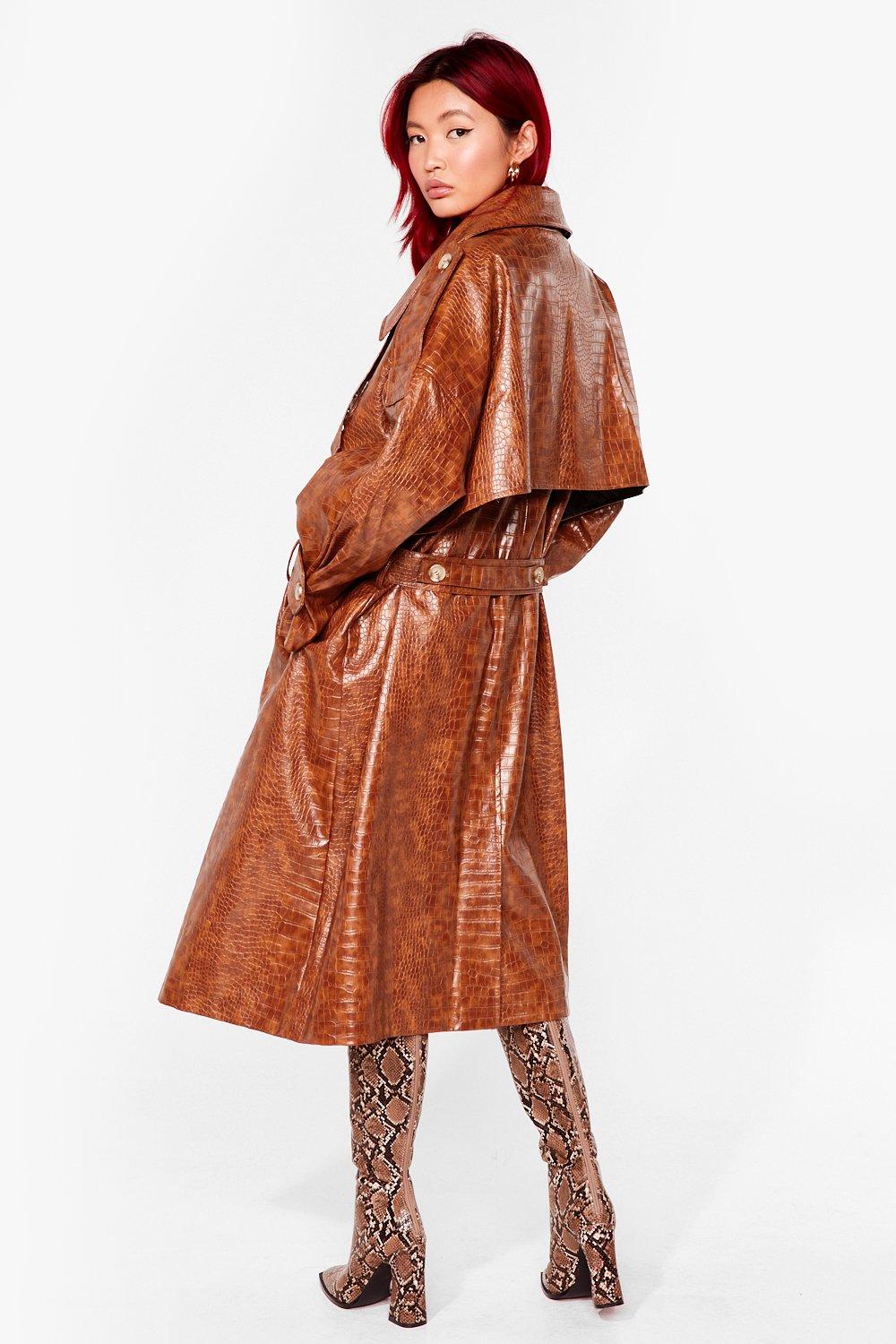 Croc Our World Faux Leather Belted Trench Coat