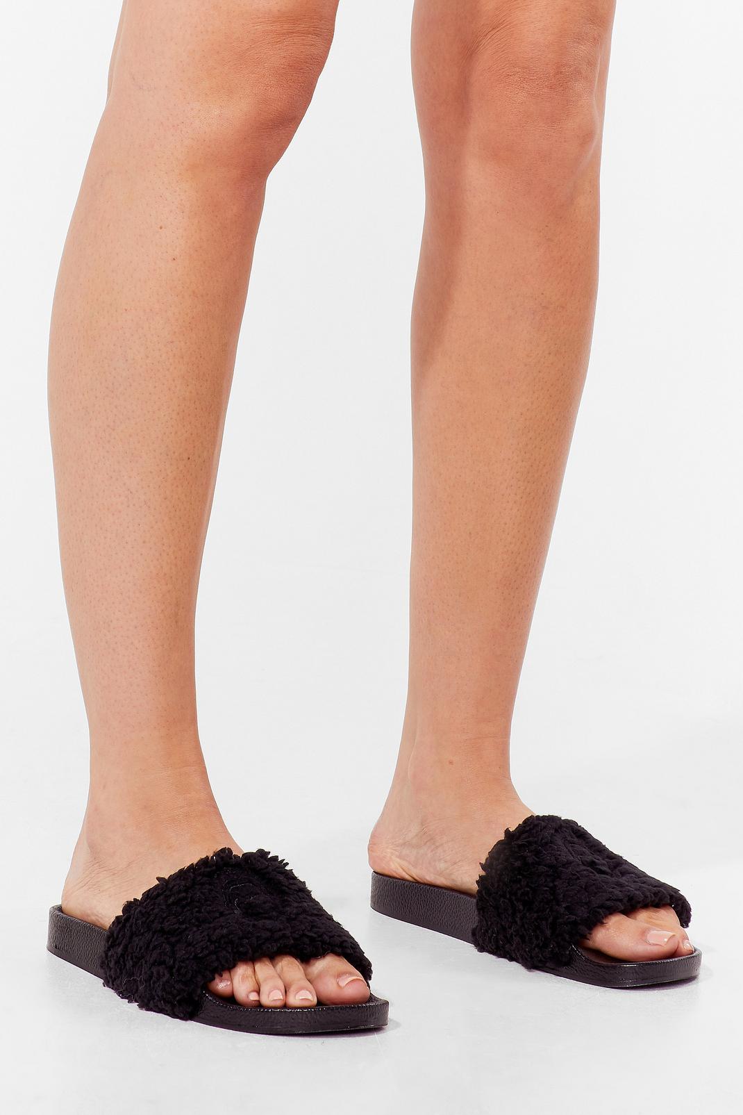 Black Whenever You're Teddy Faux Fur Sliders image number 1