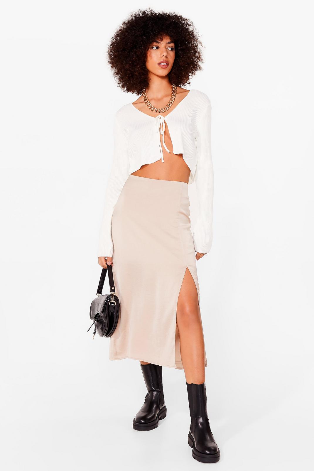 Almond Satin Slit High Waisted Midi Skirt image number 1
