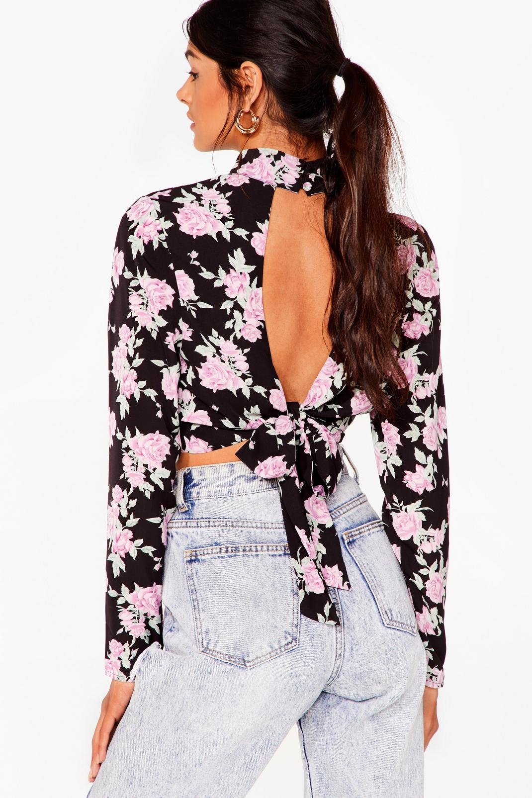 Black Floral Cropped High Neck Cut Out Blouse image number 1