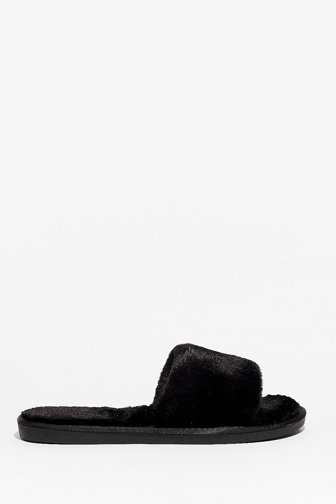 Black Faux Fur Open Toe Slippers image number 1