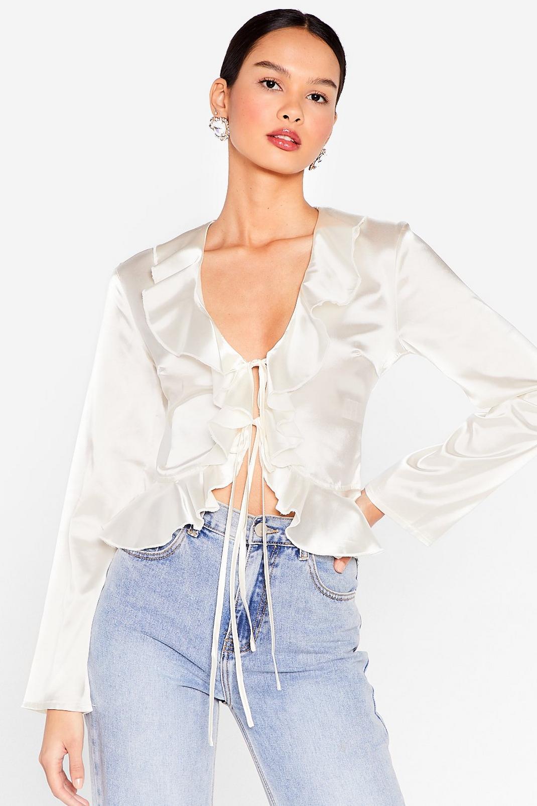 Cream Satin Tie Front Ruffle Blouse image number 1