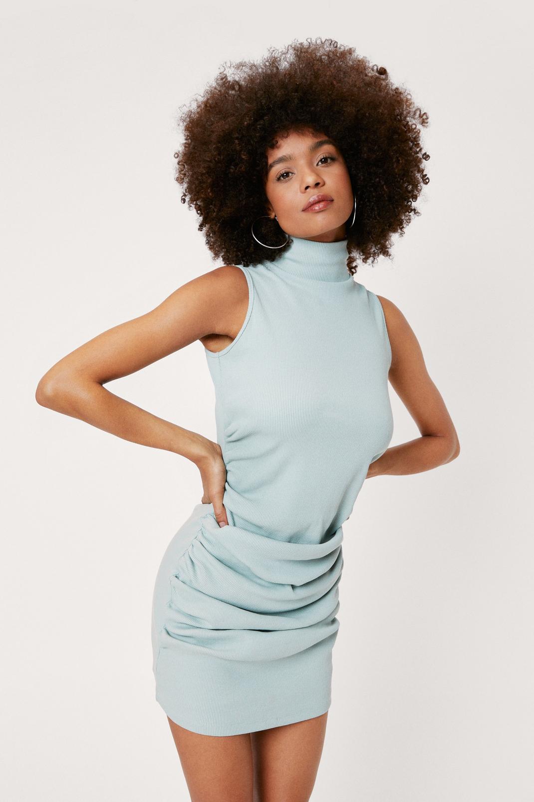 Sage Ruched High Neck Bodycon Mini Dress image number 1