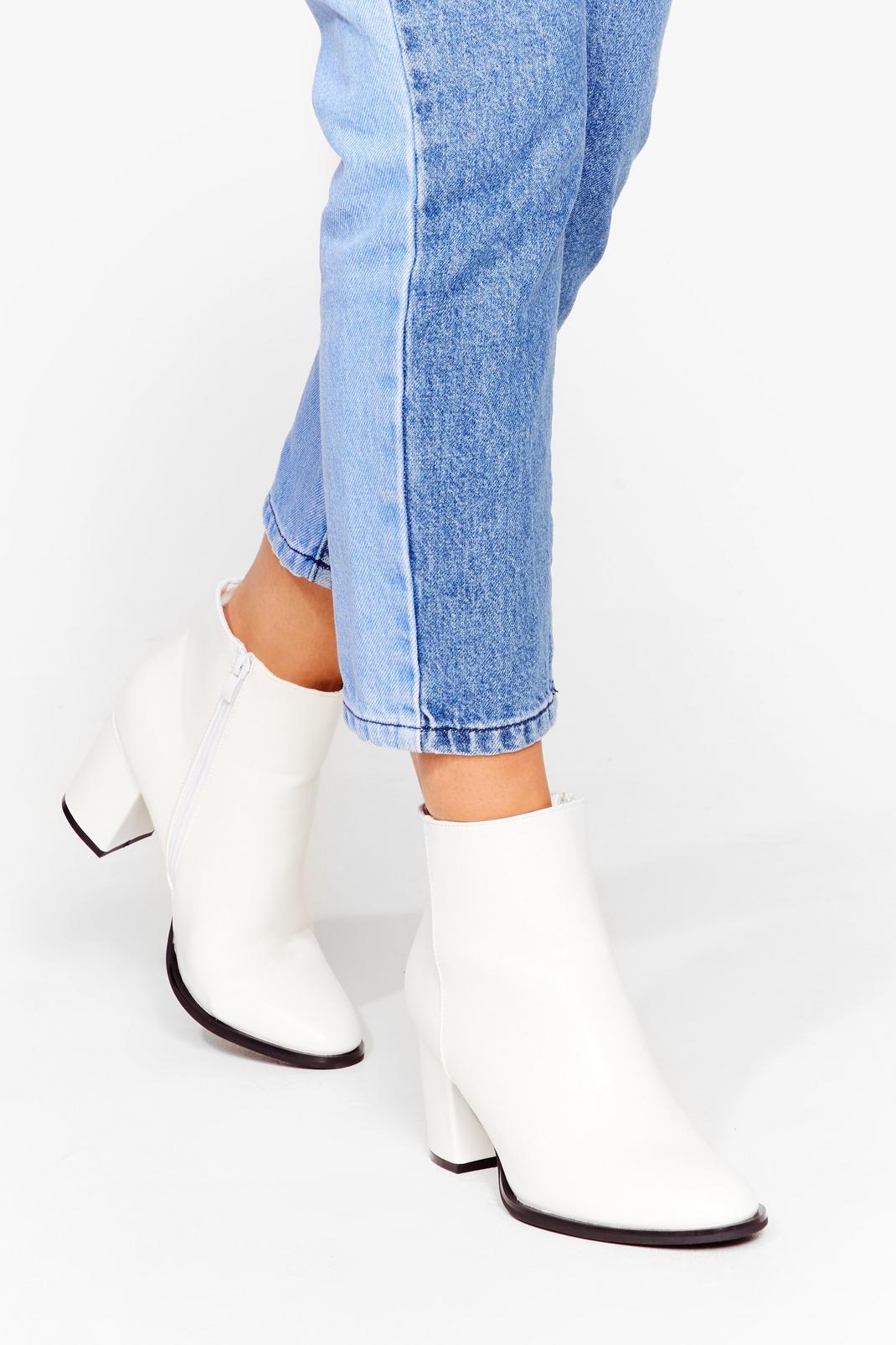 White Faux Leather Low Heel Ankle Boots image number 1