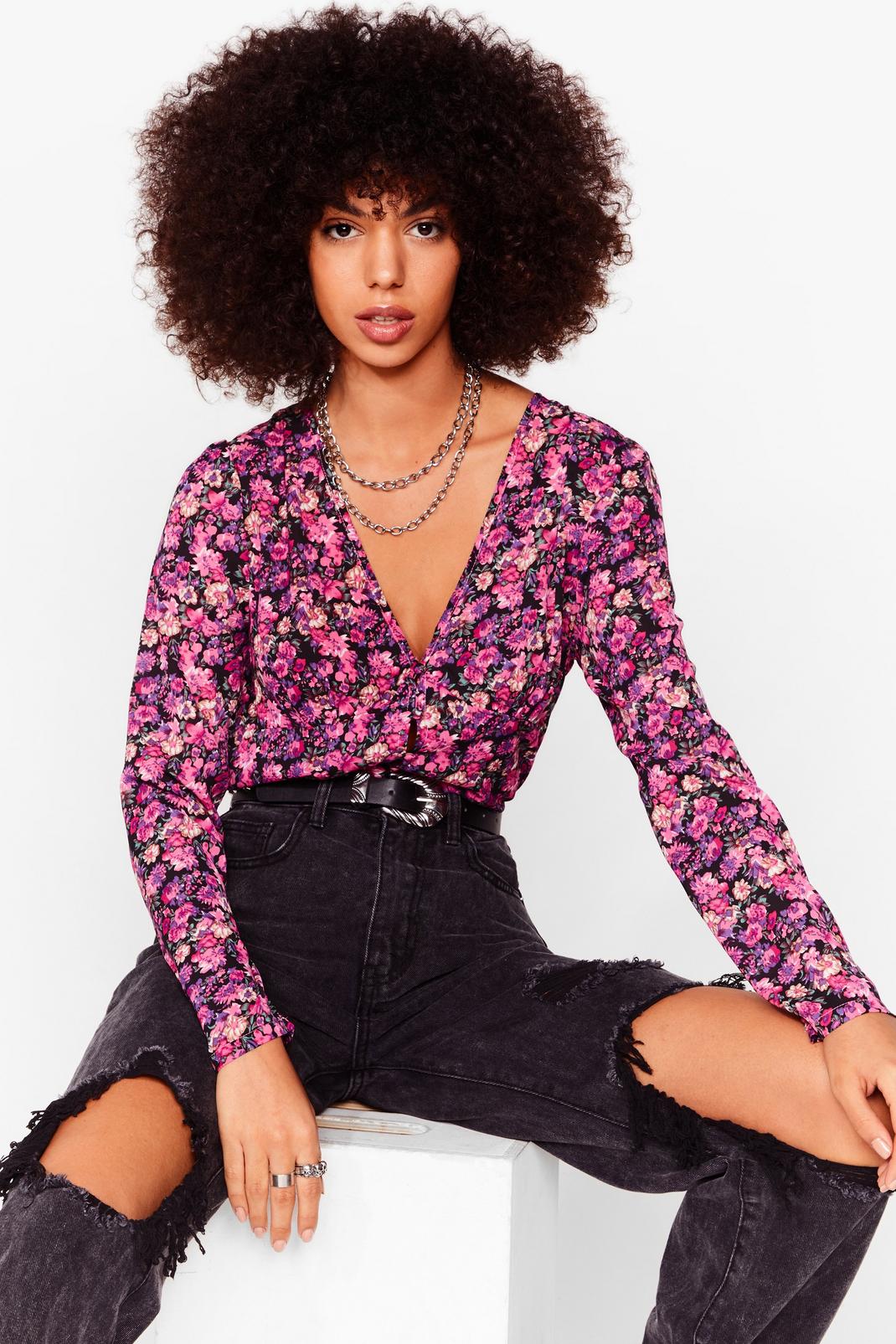 Black Button-down Blouse In Dark Based Floral image number 1