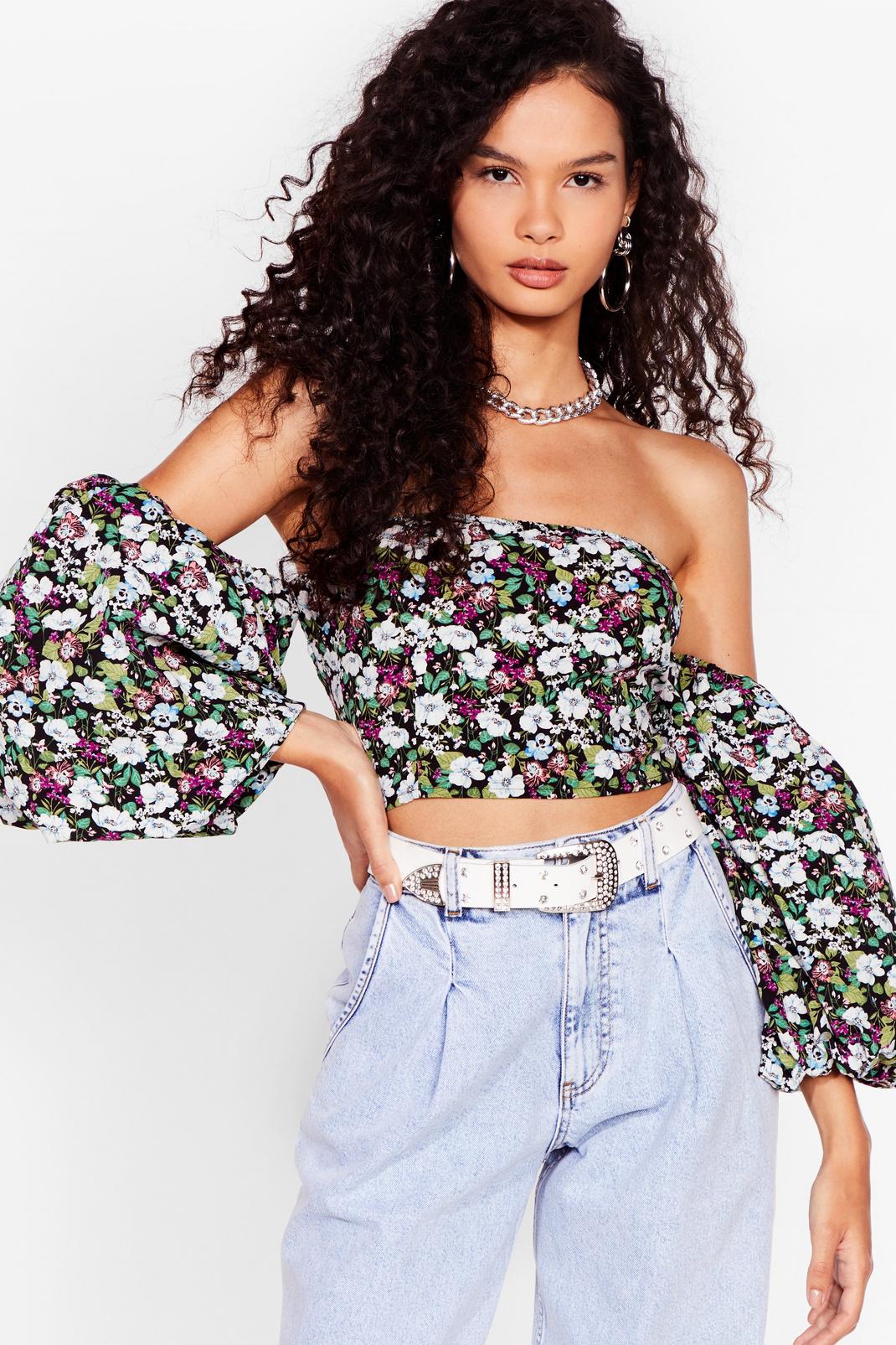Black Floral Puff Sleeve Bardot Cropped Blouse image number 1