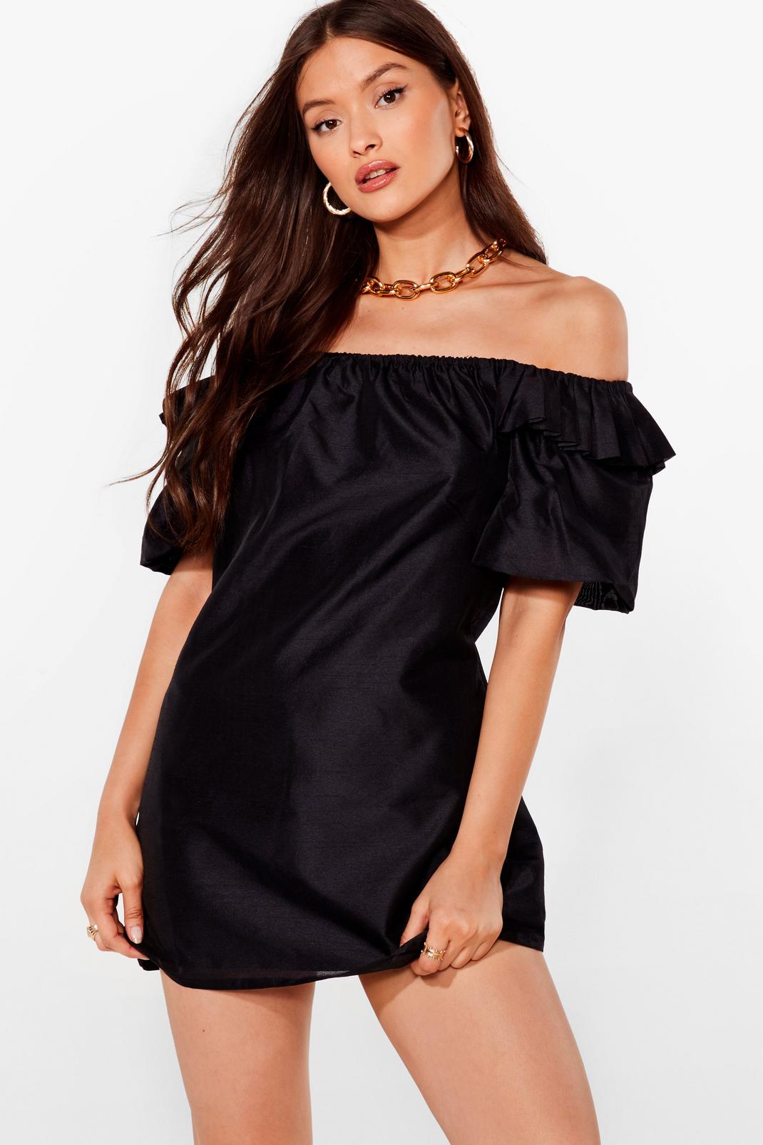 Black Keep Off-the-Shoulder Satin Mini Dress image number 1