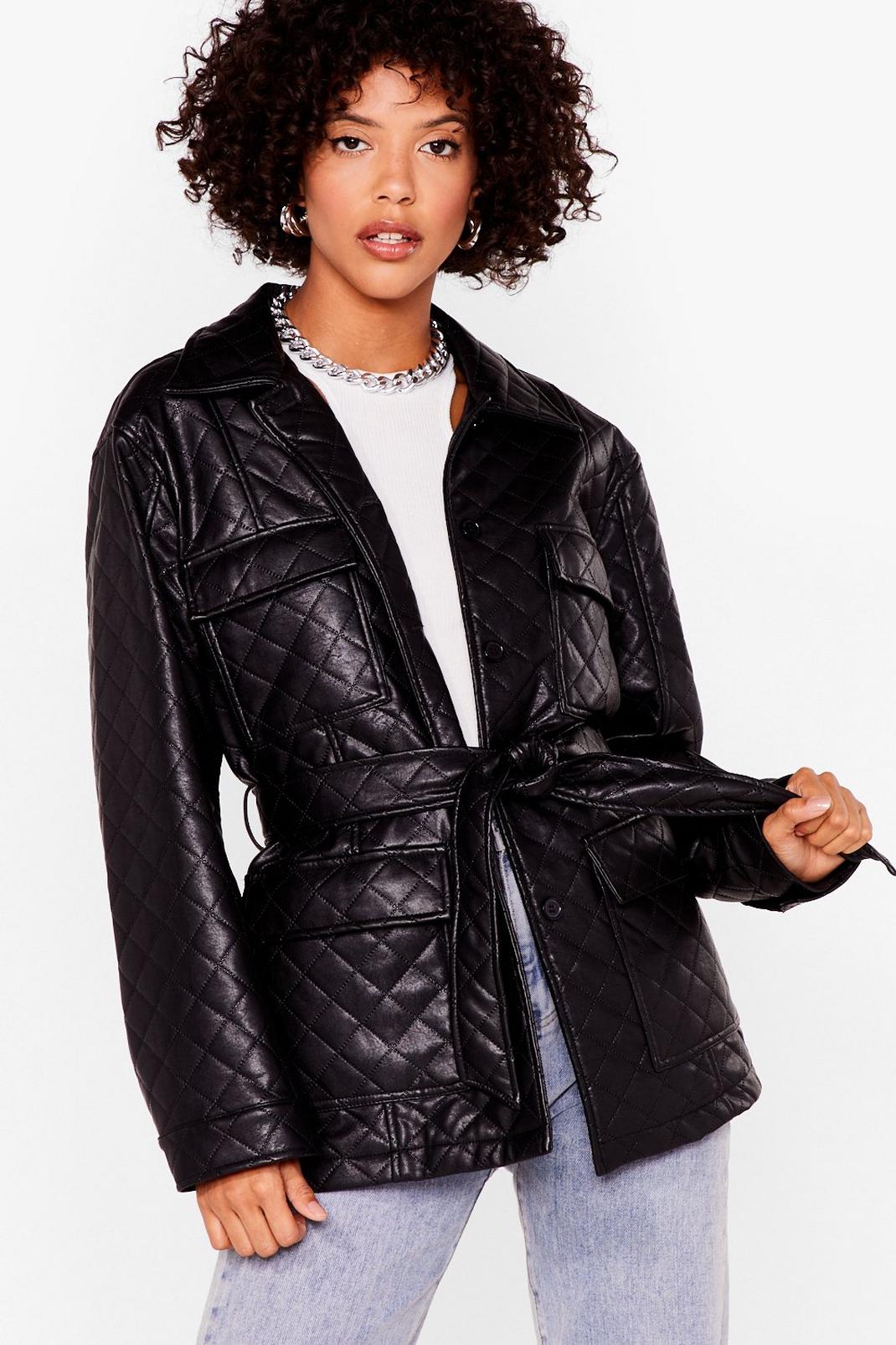 Black Quilted Faux Leather Belted Jacket image number 1
