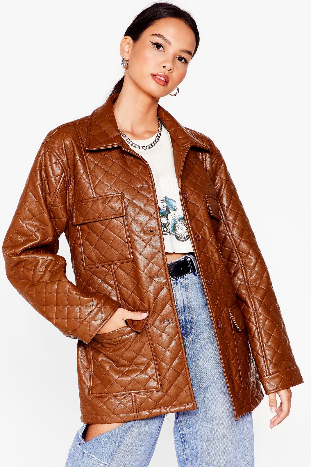 Khaki Quilted Faux Leather Belted Jacket image number 1