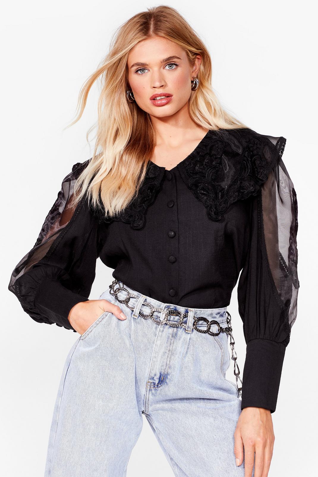 Black Organza Oversized Collar Puff Sleeve Blouse image number 1
