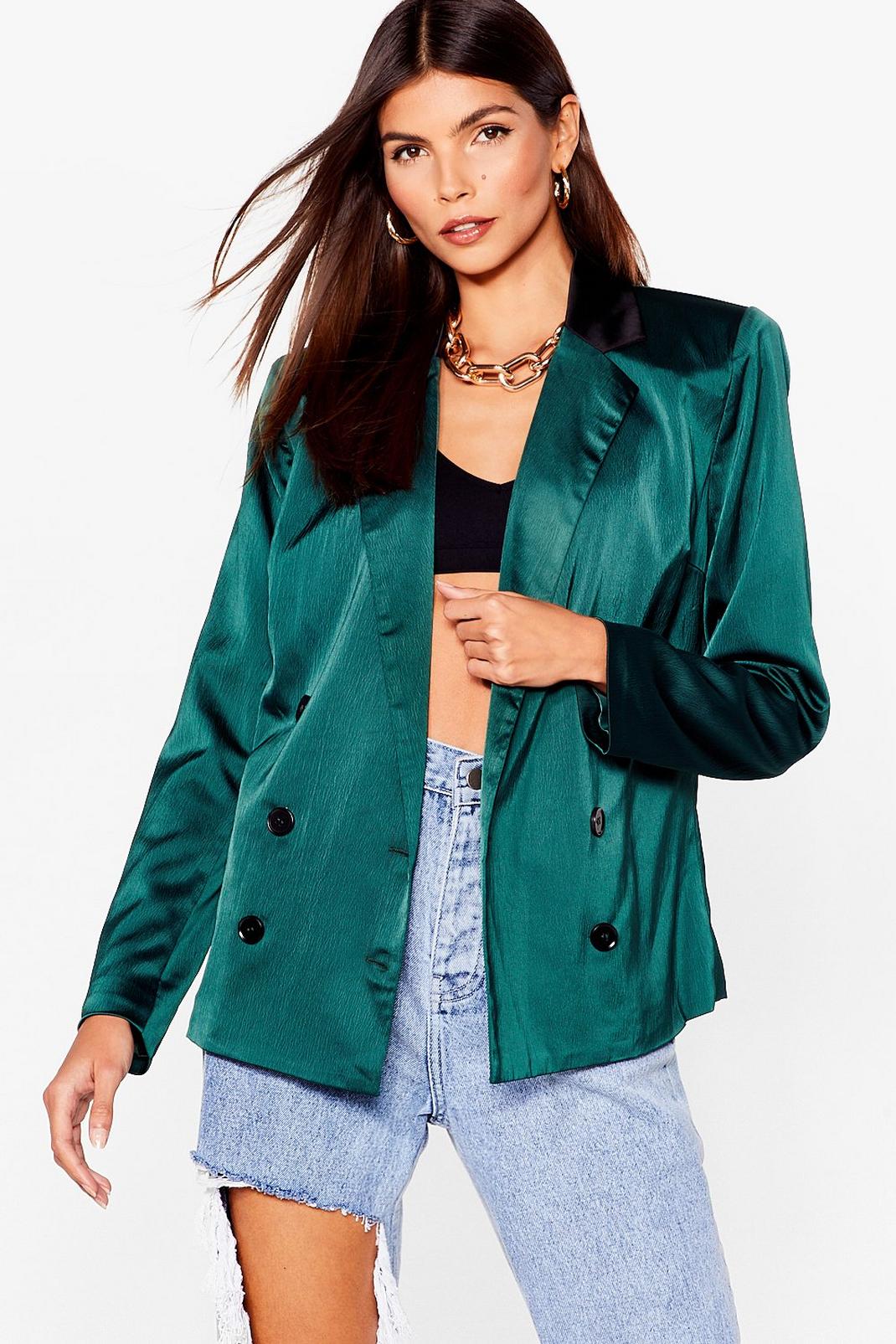 Emerald Satin Double Breasted Blazer image number 1