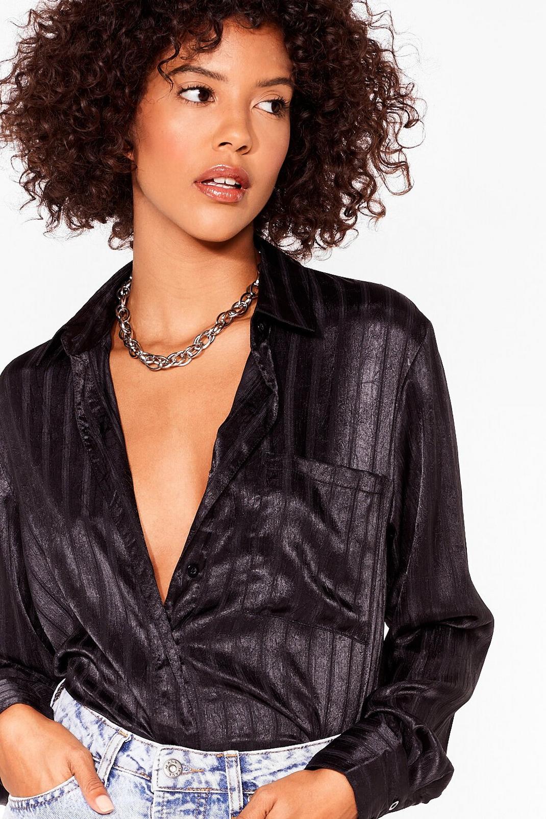Black The Time is Stripe Satin Oversized Shirt image number 1