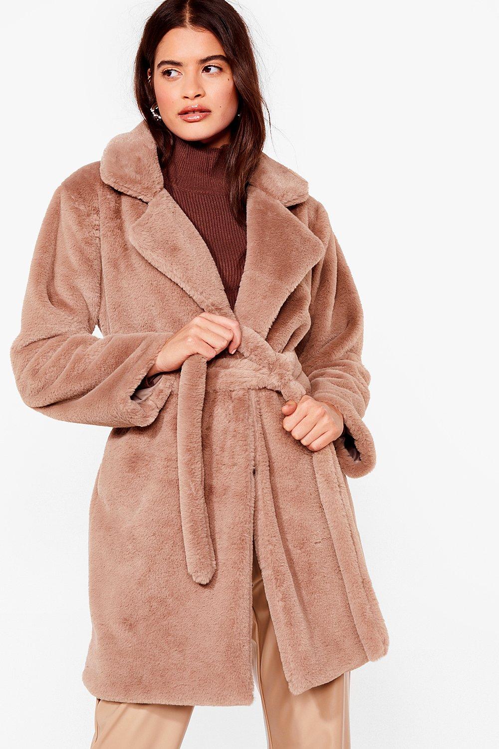 stone belted faux fur hooded robe coat