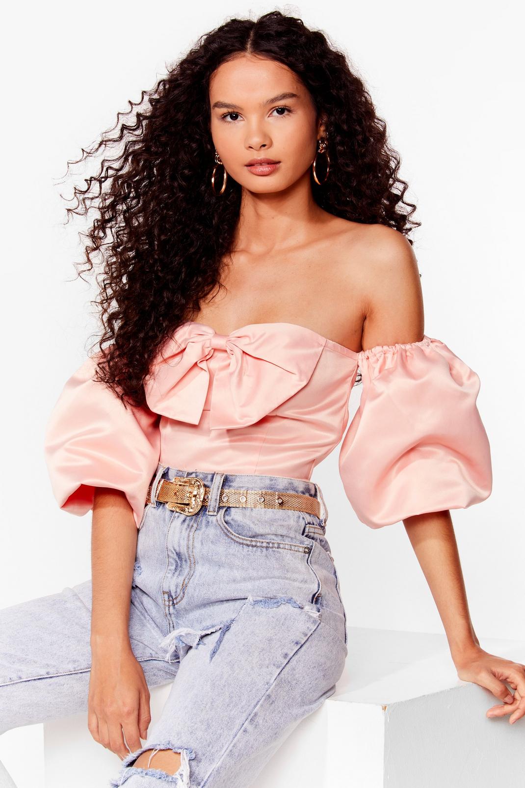 Blush Satin Bow Puff Off The Shoulder Top image number 1