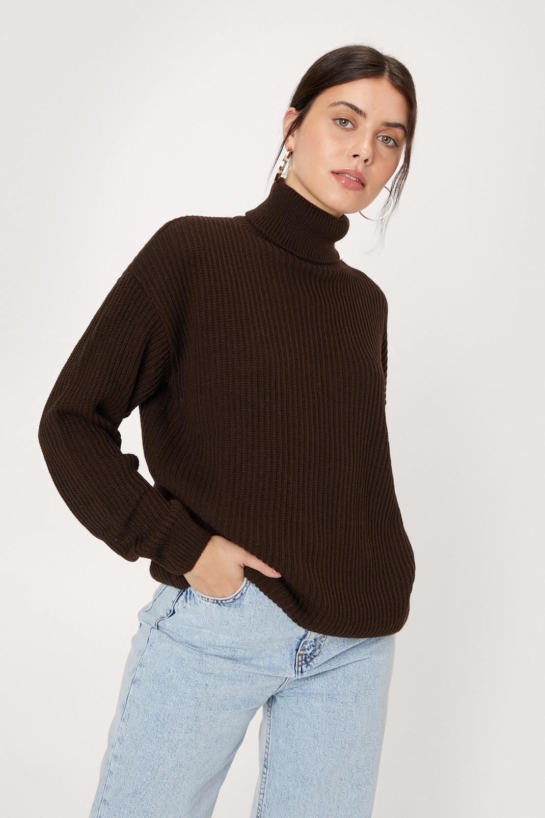 Chocolate Knitted Turtleneck Relaxed Long Sleeve Jumper image number 1