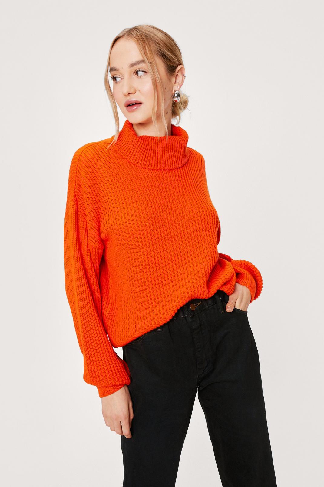 Orange Knitted Turtleneck Relaxed Long Sleeve Sweater image number 1