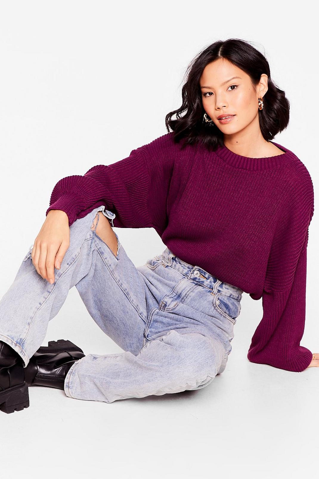 Berry Knitted Crew Neck Balloon Sleeve Jumper image number 1
