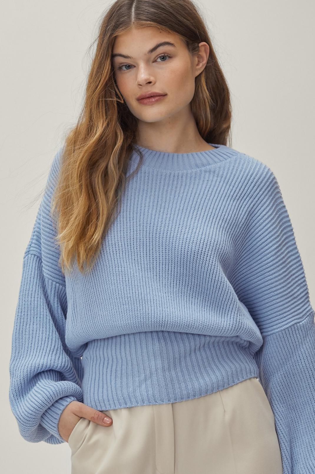 Blue Knitted Crew Neck Balloon Sleeve Sweater image number 1