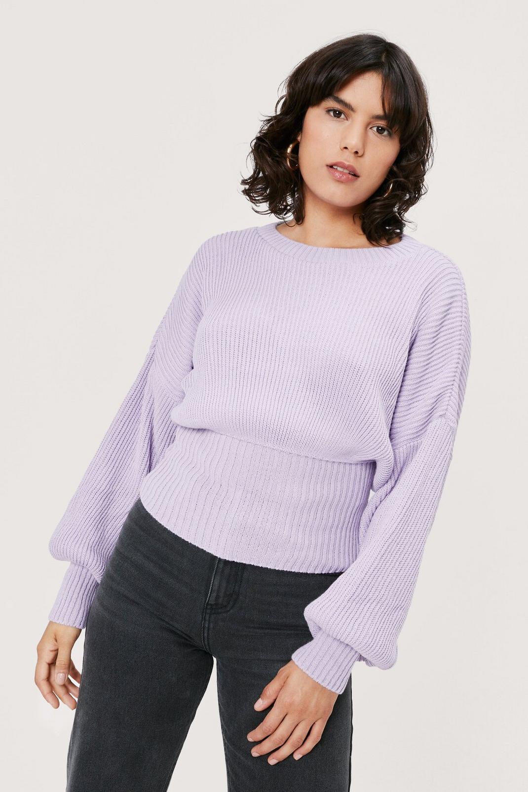 Lilac Knitted Crew Neck Balloon Sleeve Jumper image number 1