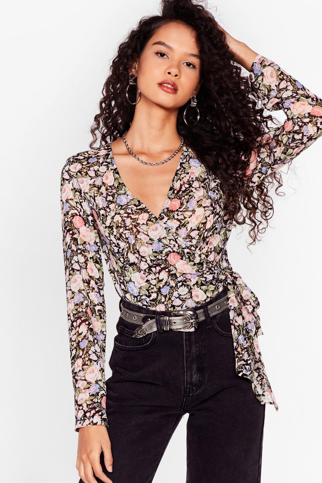 Pink Floral Cropped Wrap Tie Blouse image number 1
