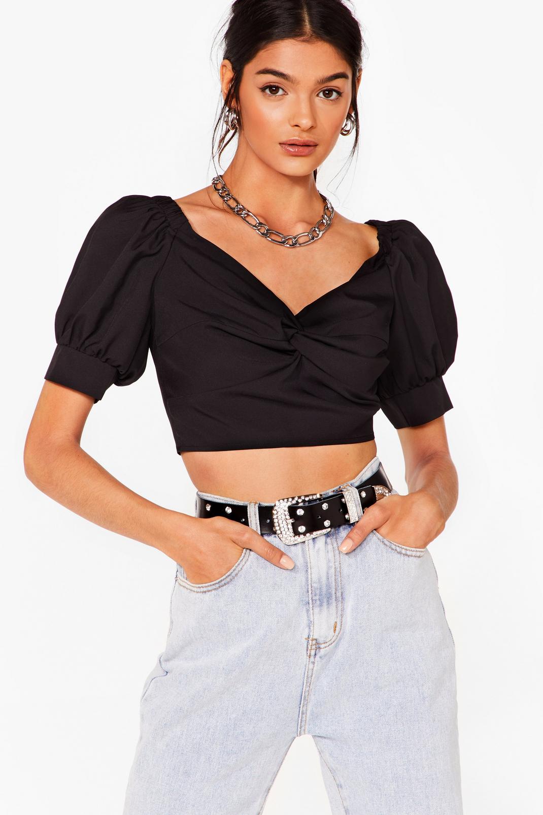 Puff Sleeve Tie Back Crop Blouse image number 1