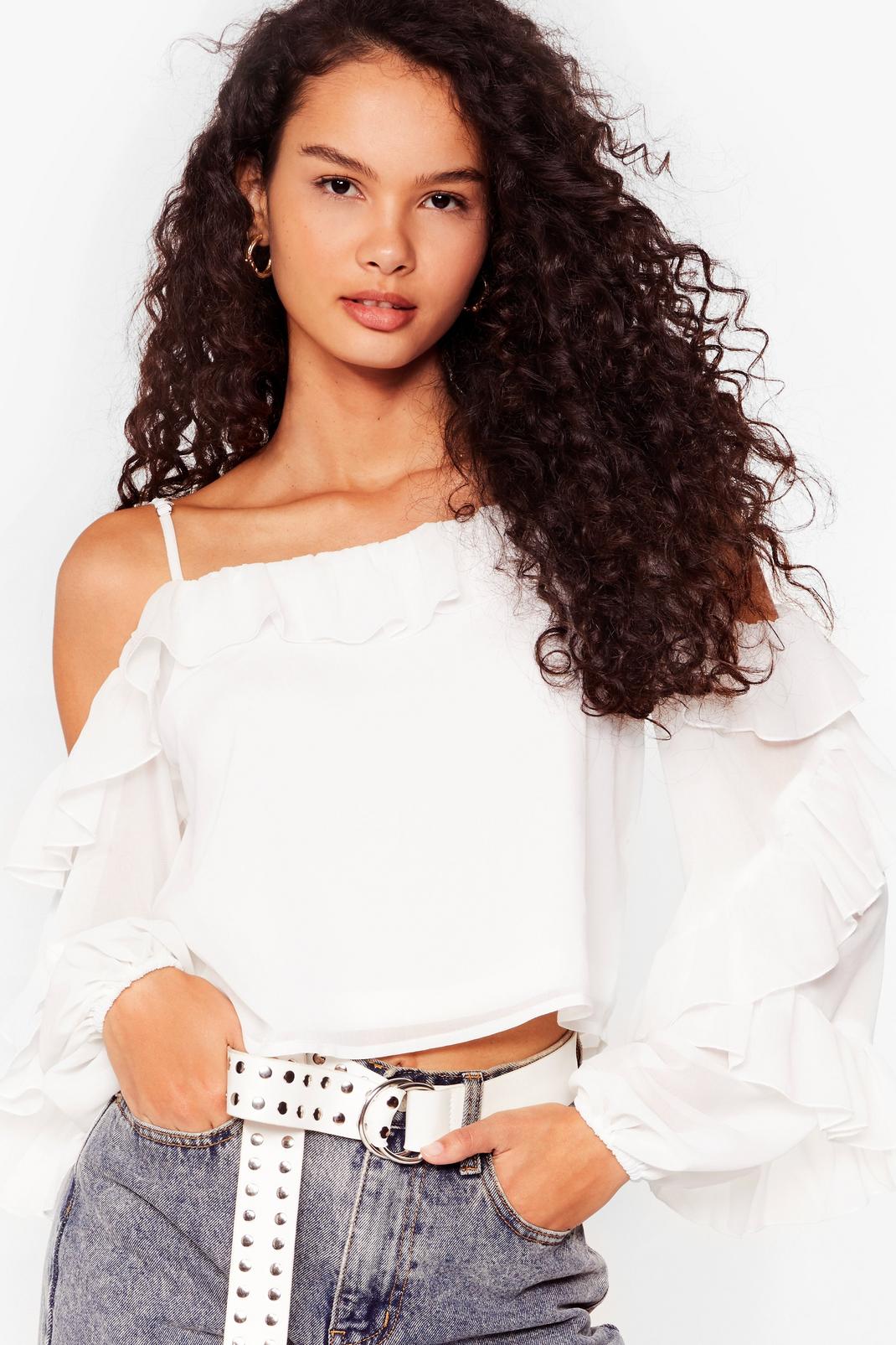 White Chiffon Cold Shoulder Ruffle Blouse image number 1