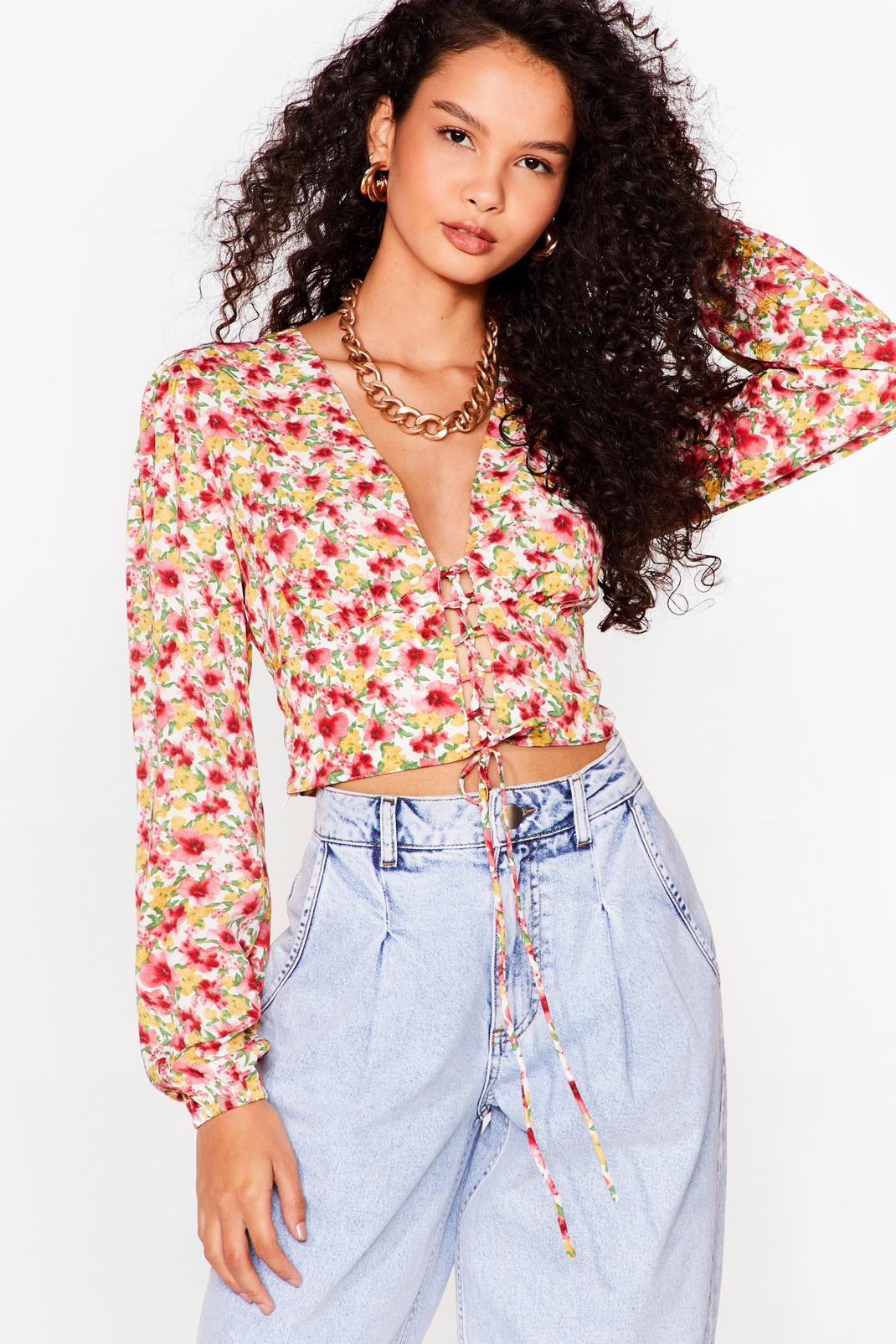 Floral Lace Up Long Sleeve Crop Top image number 1