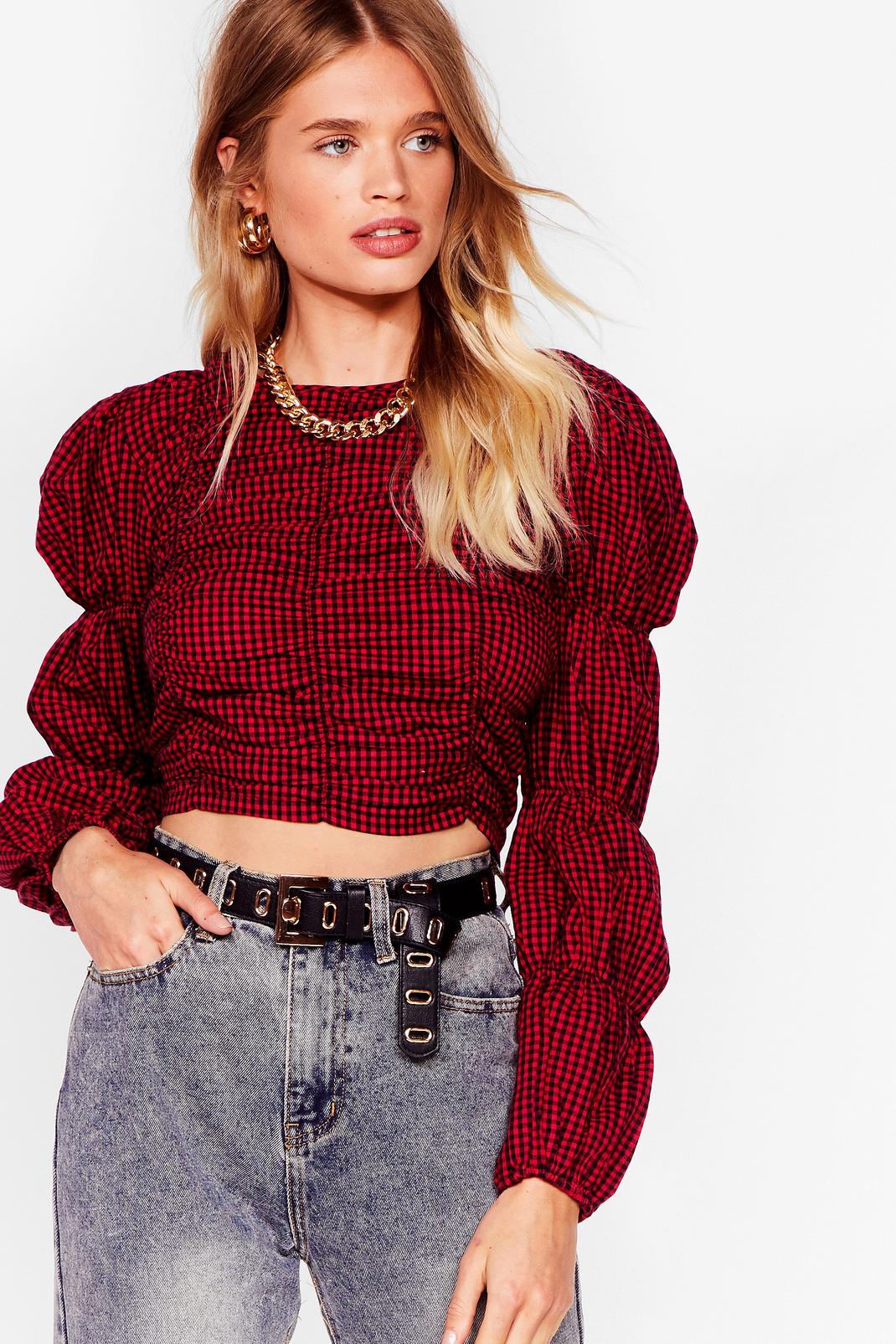 Gingham a Chance Puff Sleeve Crop Top image number 1