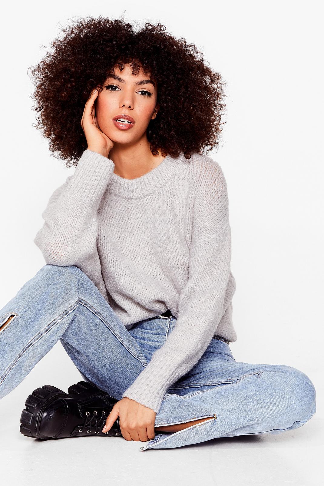 Light grey Knitted Oversized Crew Neck Sweater image number 1