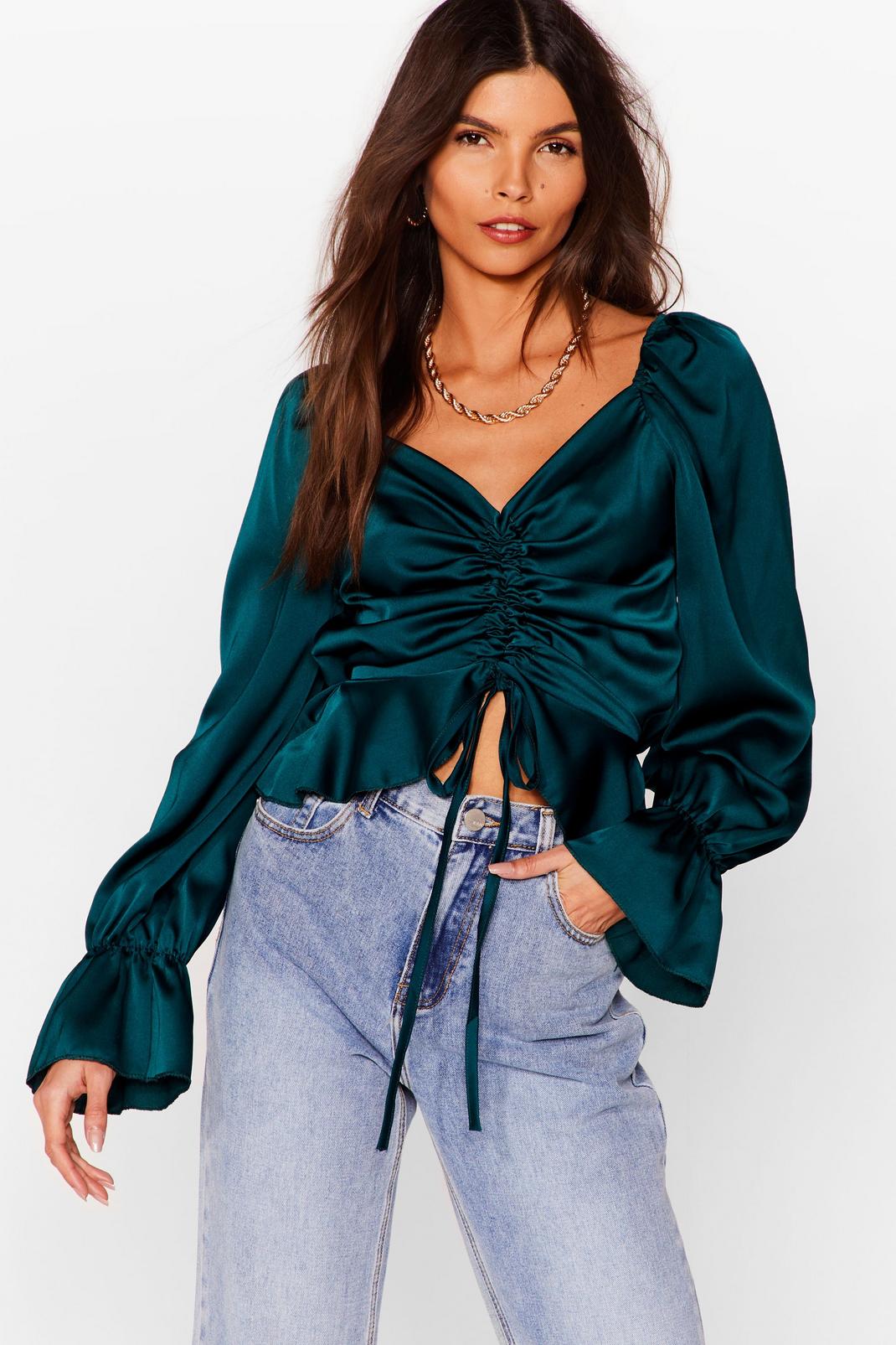 Bottle green Ruched Satin Tie Front Crop Blouse image number 1