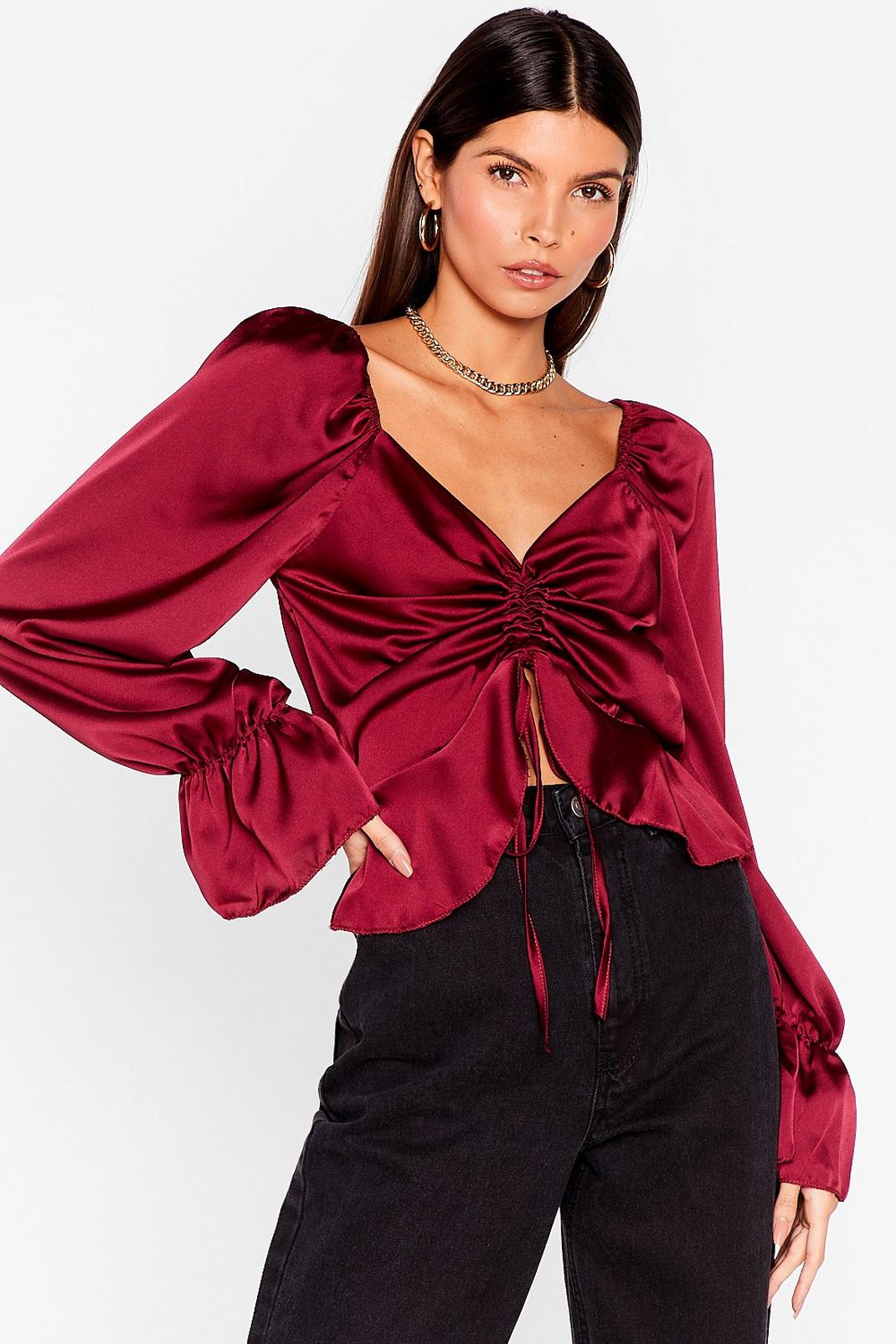Wine Ruched Satin Tie Front Crop Blouse image number 1