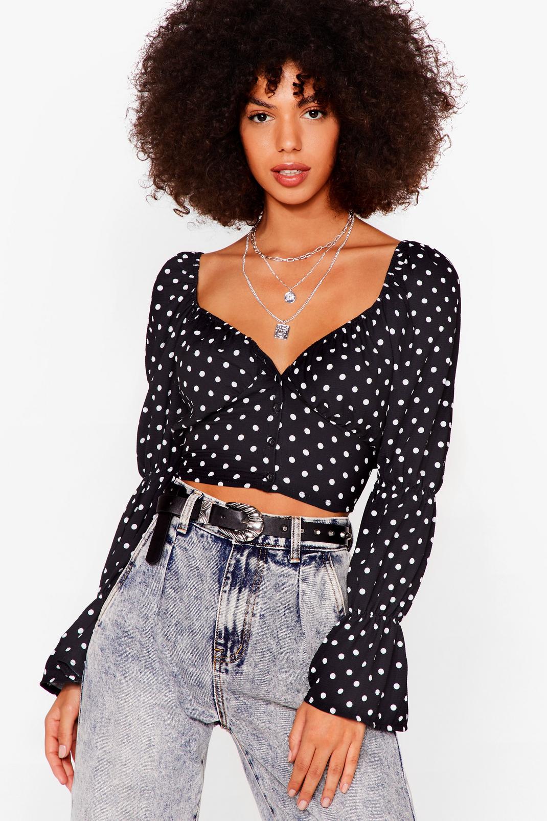 Polka Dot Button Frony Puff Sleeve Top image number 1