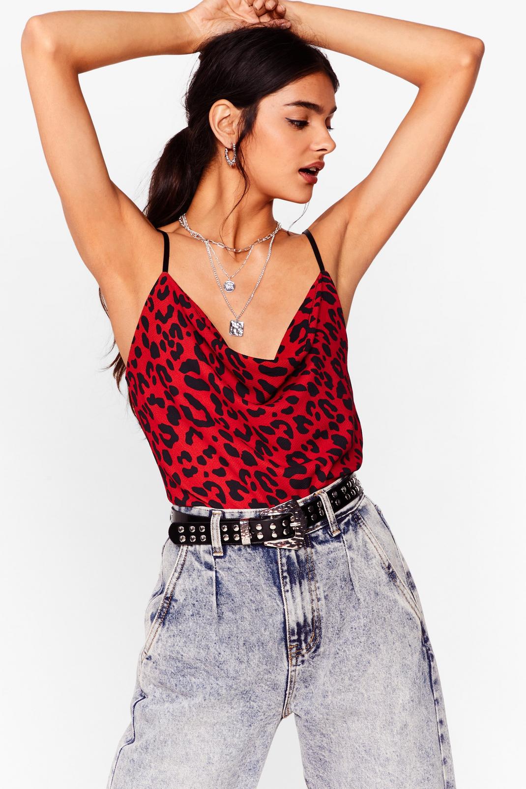 Red Leopard Print Cowl Neck Cami Top image number 1