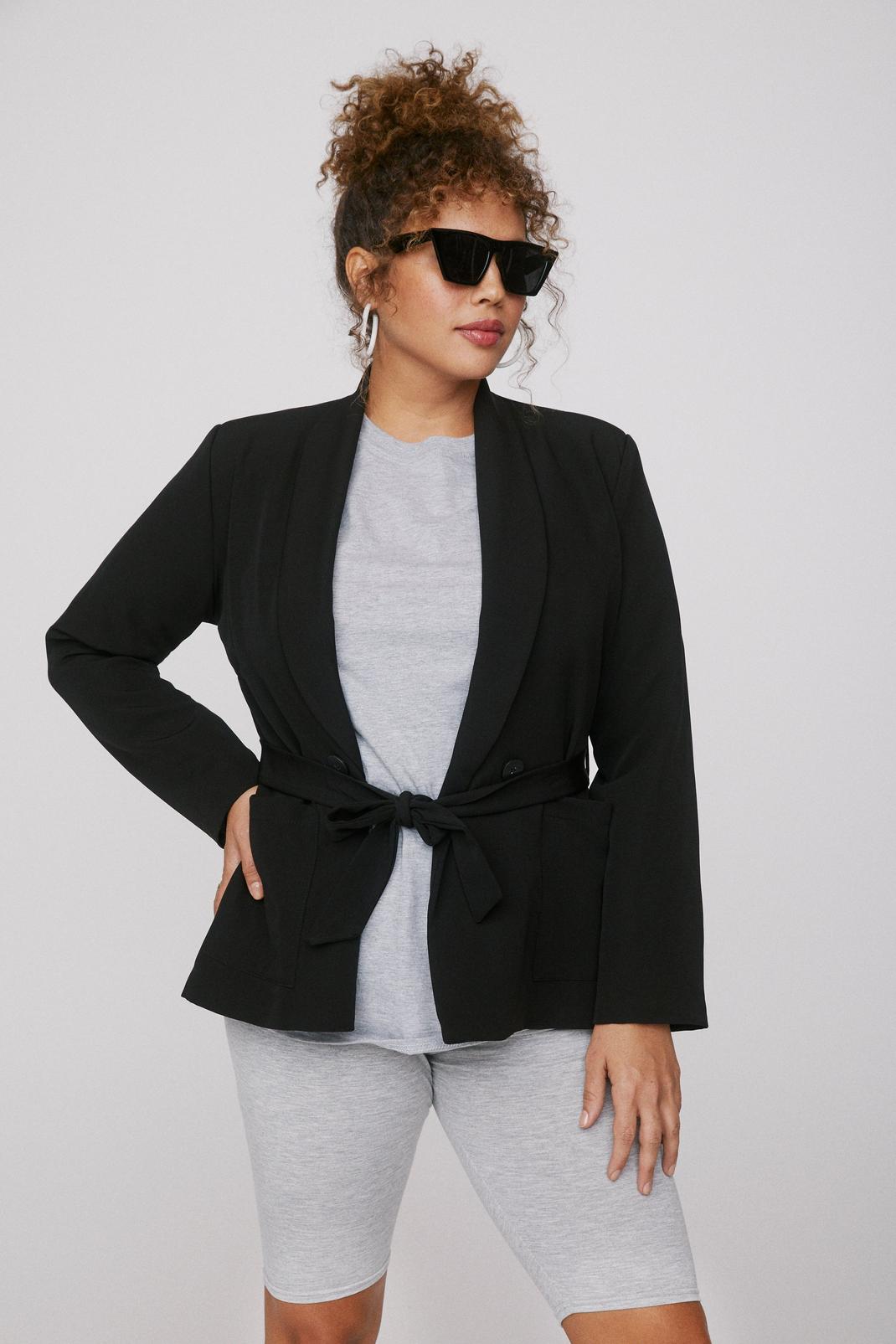 Black Plus Size Belted Tailored Blazer image number 1