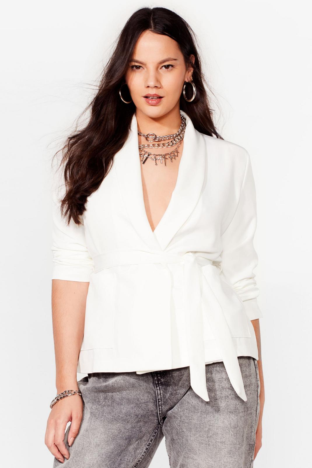 Ivory Plus Size Belted Tailored Blazer image number 1