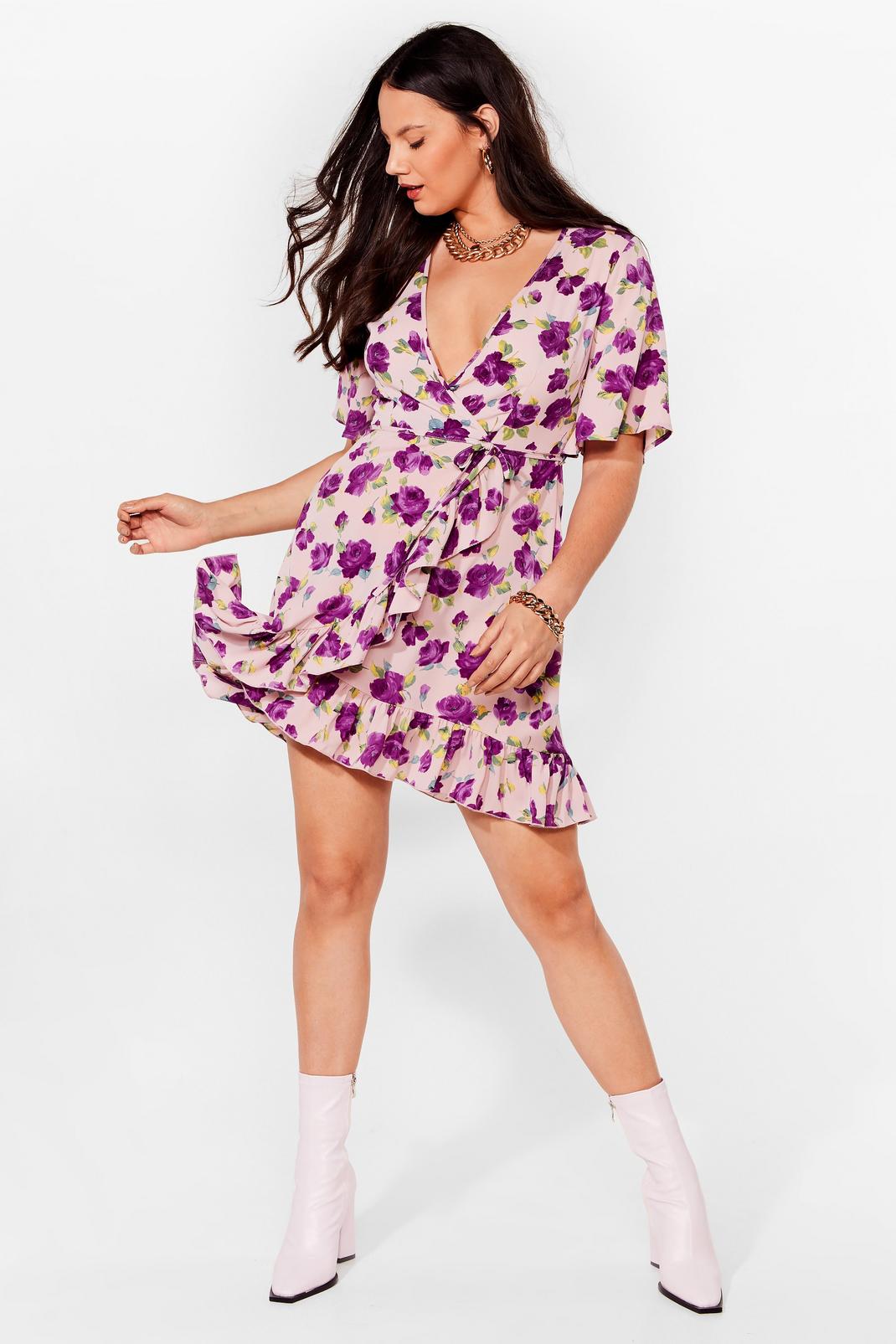 Lilac Plus Size Wide Sleeve Floral Wrap Dress image number 1