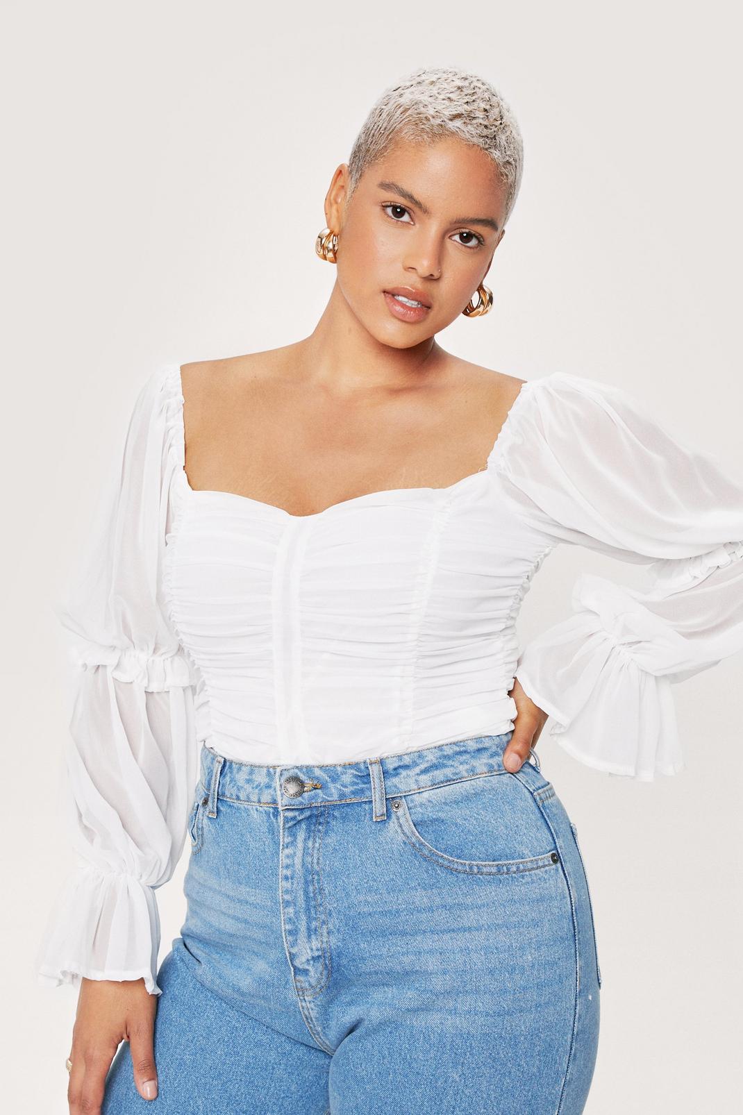 White Feel the Ruche Plus Size Chiffon Blouse image number 1
